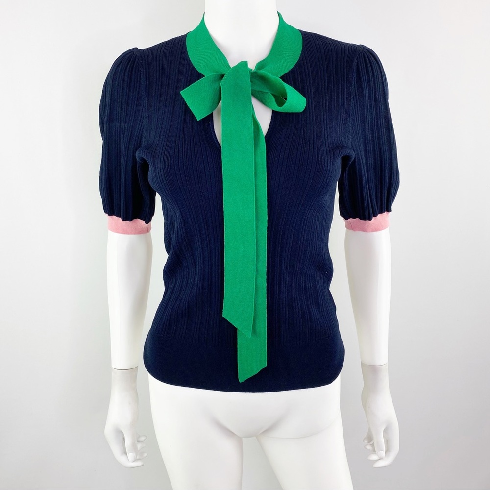 NEW Kate Spade Size S Navy Color Block Bow Neck Short Sleeve Sweater Top - Picture 3 of 11